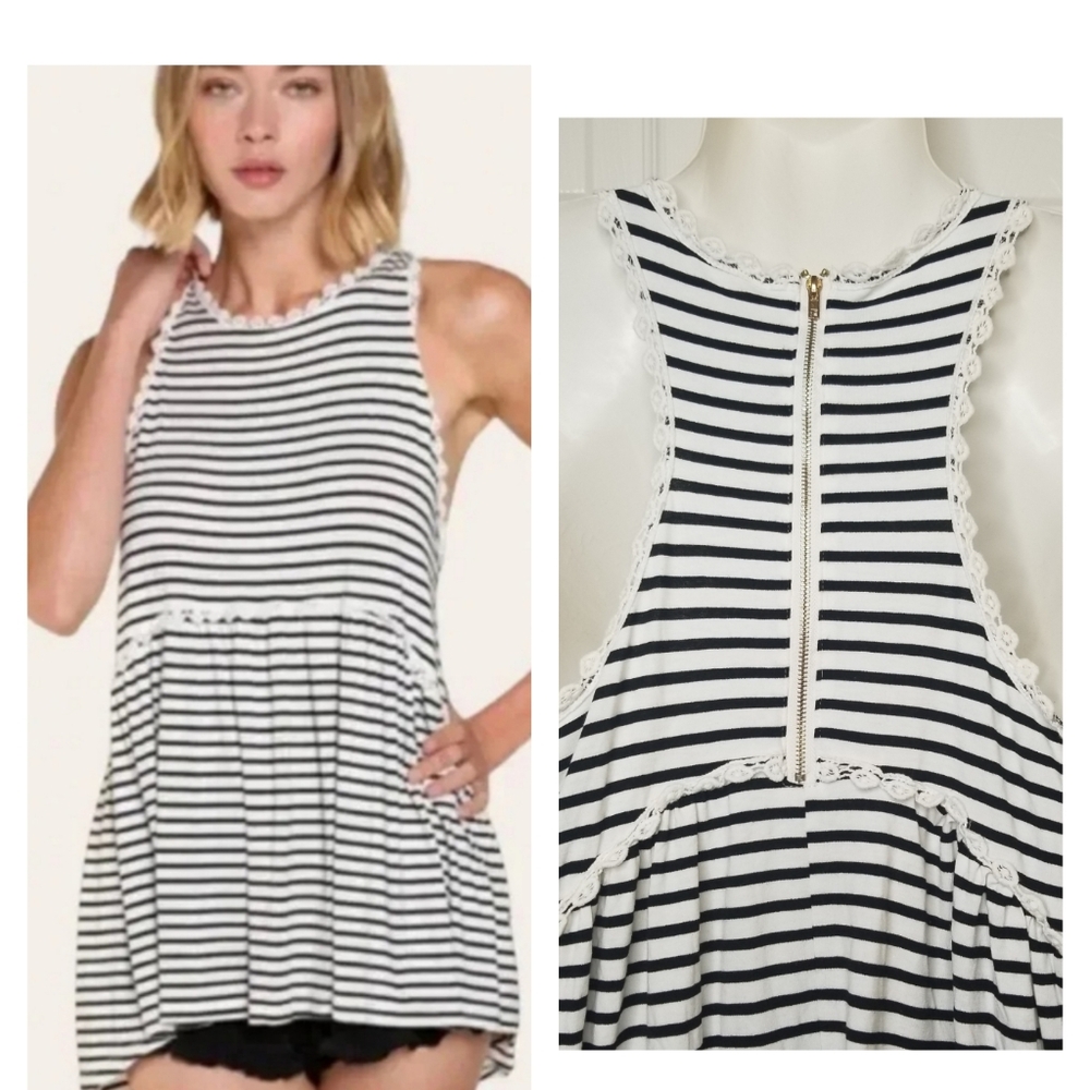 POL Womens Black White Striped Sleevless Racerback Babydoll Top Size Small